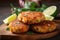 a wooden cutting board topped with crab cakes next to lemon wedges and a green leafy salad on a wooden table top next to a green