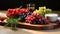 a wooden cutting board topped with grapes and other fruits next to a bowl of yogurt. generative ai