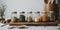 A wooden cutting board topped with jars filled with food. AI generative image.