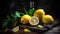 a wooden cutting board topped with lemons and a bottle