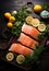 A wooden cutting board topped with salmon and lemons. Generative AI image.