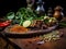 Wooden cutting board with a variety of spices and herbs, including garam masala, turmeric, cumin, coriander, and chili powder