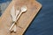 Wooden cutting kitchen desk board with cutlery