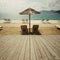 Wooden deck terrace over sea beach and sky. Summer vacation background.