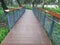 Wooden deck in an urban forest with shady trees