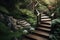 wooden decking and natural stone steps amidst lush greenery