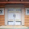 Wooden decorated doorway in timbered house