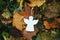 Wooden decoration angel white figure on fall leaves background