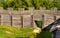 Wooden defense walls and gate of Gora Birow Mountain stronghold near Ogrodzieniec Castle in Silesia region in Poland