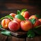 Wooden delight Ripe peaches with leaves on a fresh background