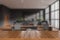 Wooden desk and office room interior with furniture and window blurred, mockup