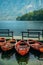 Wooden dinghy boats on Lake Bohinj in Slovenia