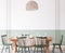 Wooden dining room mockup with wooden table and green chairs on empty wall, farmhouse style