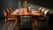 a wooden dining table and chairs in a clean, well-lit environment with a white background