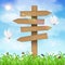 Wooden direction board on grass sky background