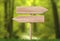 Wooden direction double arrow roadsign with forest background