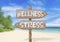 Wooden direction sign with wellness and stress