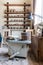 Wooden display shelf for hand crafted Ceramic such as bowls, plates and cups with Pottery Wheel Machine in foreground.