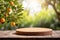 A wooden display table with a farm backdrop featuring a variety of products and an .