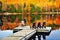 Wooden dock on autumn lake