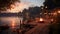 Wooden dock at dusk serene lakeside scene with twinkling stars and full moon reflections