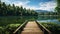 A wooden dock extending into a serene lake.