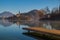 A wooden dock, pier, on a lake