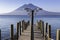 Wooden Dock Pier Lake Atitlan Harbor Distant Volcano Sierra Madre Mountains Guatemala Highlands Travel