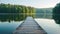 Wooden Dock Positioned on Top of a Lake, A wooden jetty projecting into a serene lake with a line of trees in the background, AI