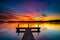 Wooden dock on the sea with long exposure during a breathtaking sunset in the evening