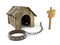 Wooden dog house with warning sign and pet collar