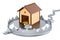 Wooden doghouse with bowl and bone inside bear trap, 3D rendering