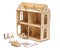 Wooden dollhouse with little furniture on a white background