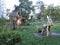 Wooden donkey sculpture with a cart on the playground