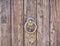 wooden door bronze handle closeup