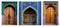 wooden door in a mosque. Symmetrical, with blue ceramic Islamic tiles, entrance. Beautiful ceiling dome wall ornamentation