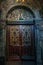 Wooden door in Orthodox Church. Wood carving technic