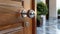 Wooden door with a round doorknob. Classic door handle. Concept of home entrance, warmth, traditional design, and