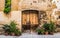 Wooden door with stone wall and green bushes