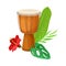 Wooden Drum with Green Palm Leaf and Hibiscus Flower Vector Illustration