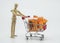 Wooden dummy carries shopping cart with bottles of pills, insulated on white background