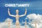 Wooden dummy puppet on sky background with text CHRISTIANITY