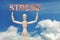 Wooden dummy puppet on sky background with word STRESS