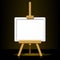 Wooden easel with blank canvas on a dark back