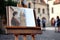 Wooden easel close up of painting of street artist, Public par as background, focus on foreground