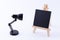 Wooden Easel Miniature with Blank Black Square Canvas and Table Lamp