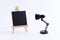 Wooden Easel Miniature with Blank Black Square Canvas and Table Lamp