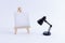 Wooden Easel Miniature with Blank White Square Canvas and Table Lamp