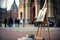 Wooden easel with painting of historic building in the public park. Street artist concept