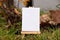 A wooden easel with a white painting stands on the grass in the park, space for text